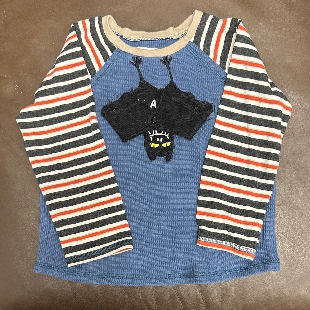 Mud Pie Blue and Black Striped Kids Long Sleeve Tee with Bat Design